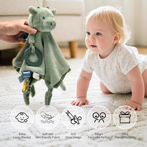 Image of Baby Dragon Security Blanket, Soft Loveys for Babies, Lovey for Newborn Boys and Girls, Gender Neutral Security Blanket with Stuffed Animal, Baby Snuggle Toy with Teether & Textured Ribbons