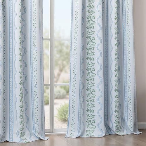 Light Blue and White Floral Blackout Curtains, French Country Cottage Core Green Scalloped Thermal Insulated Drape for Summer Heat, Grand Millenial Coastal Curtain for Living Room Bedroom 84 Inch Long