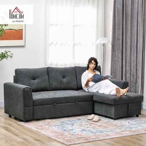 HOMCOM 3 Seater Sofa Bed, L-Shaped Corner Sofa, Pull Out Sofa with Storage, Convertible Click Clack Settee Sectional Sleeper Futon for Living Room, Office, Dark Grey - Image 2