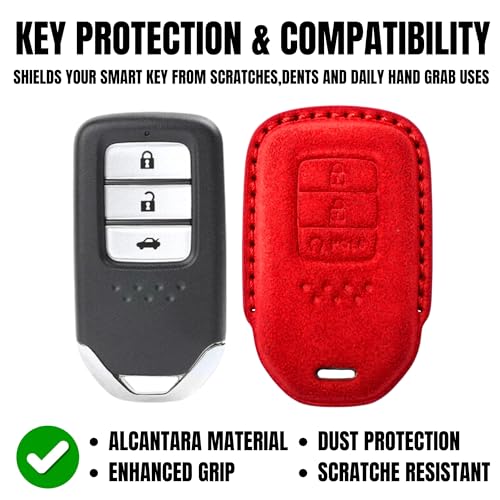 Image of KMH Alcantara Car Key Cover Compatible with Honda City, Civic, Jazz, Amaze, CR-V, WR-V, BR-V Models 3 Buttons Shell Case Holder Full Key Protector Smart Keycover with Keychain (D2) Red - Pack of 1