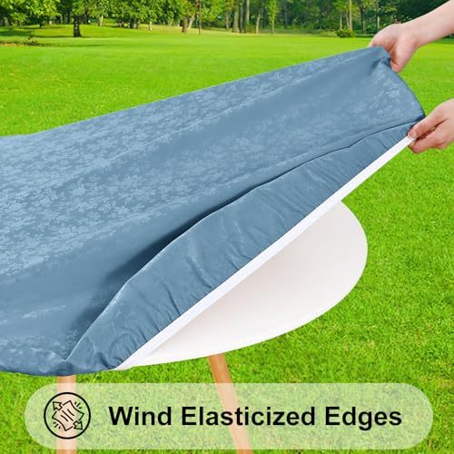 Image of Smiry Waterproof Heavy Duty Vinyl Fitted Tablecloth for 36 inch-44 inch Round Table | Elastic Plastic Table Cloth, Wipeable Washable Floral Patio Table Cover for Picnic, Kitchen and Dining, Stone Blue