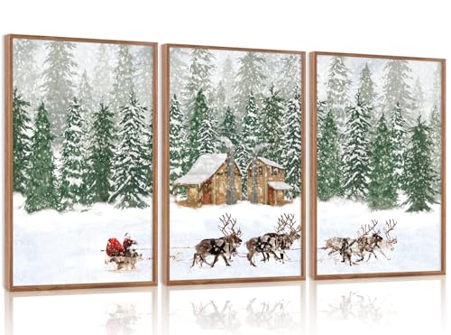 CHDITB 3 Pcs Santa Reindeer Sleigh Framed Canvas Wall Art 12x16 Inch