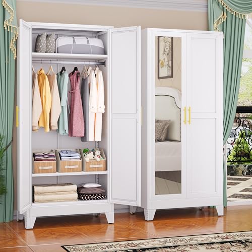 Image of GAIOUS Metal Wardrobe Cabinet with Mirror and Hanging Rod, 71 inch White