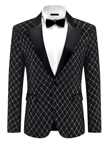 Lars Amadeus Velvet Blazers for Men's Velour Tuxedo Peak Lapel Argyle Plaid Sparkly Shiny Suit Jacket