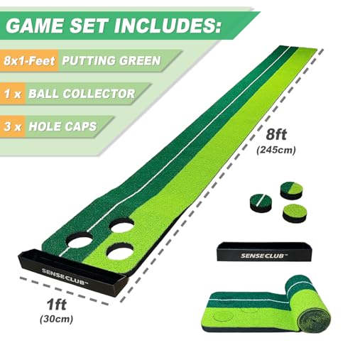 SENSECLUB Indoor-Putting-Green-Matte, faltbares Putting-Green-Golfspiel-Set mit 3 Löchern, Golfgeschenk für Männer – 30 x 240 cm