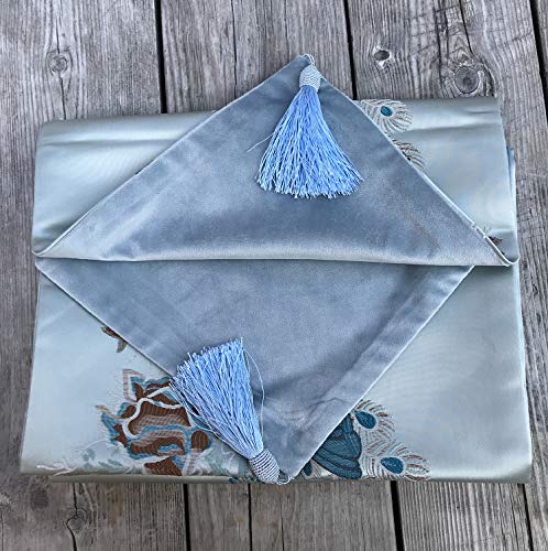 Magilona Tablecover Home Decorative Thanksgiving Satin Smooth Embroidered Peacock Floral Pattern Table Runner Kitchen Tassel Wedding Dining Party 13X83 In (Blue) #TOP4