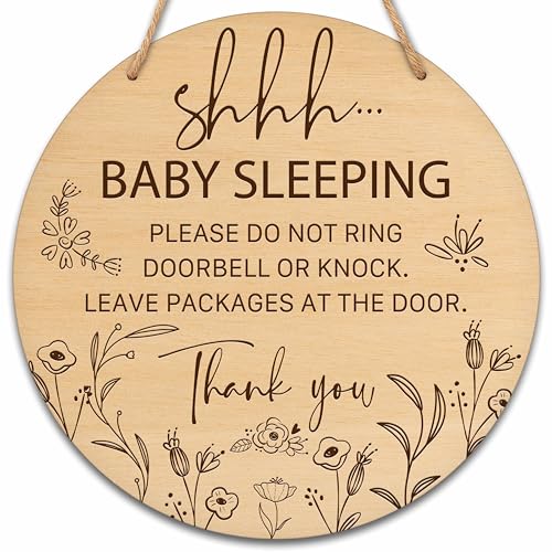 valucise Baby Sleeping Sign for Front Door, Do Not Knock or Ring Doorbell Round Hanging Sign With Rope, Rustic Wooden Baby Bedroom Nursery Home Front Door Porch, New Mom Gifts, B(05)