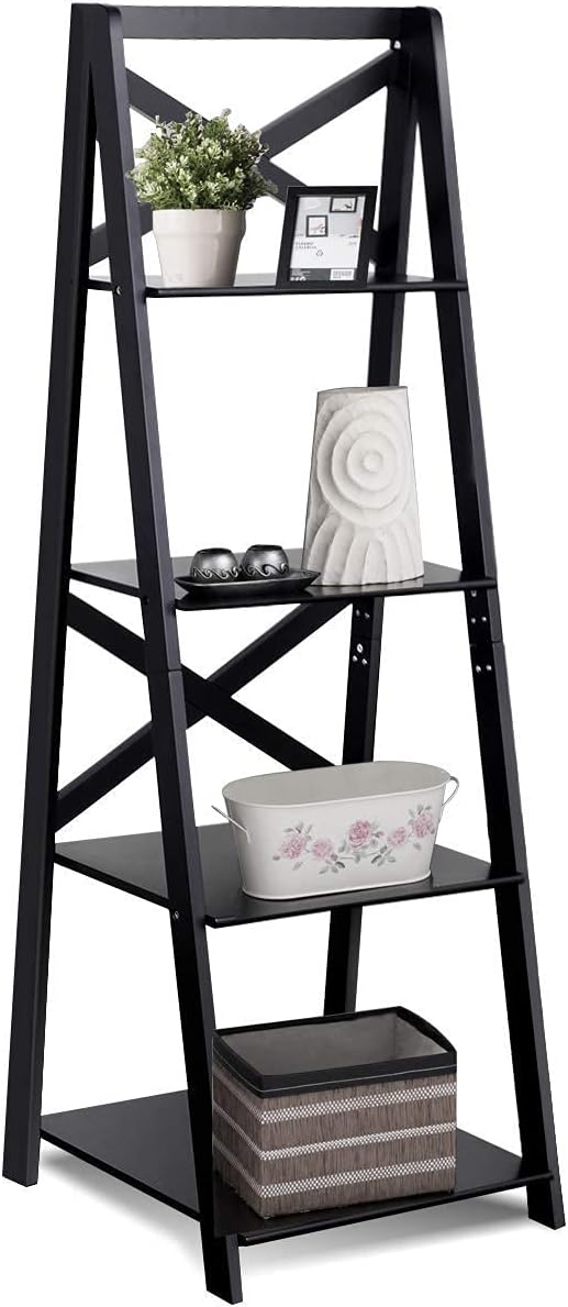 4-Layer Ladder Shelf Rack, Free Standing Wooden Bookcase, Flower Plants Display Shelf, Multifunctional Storage Bookshelf for Entryway Living Room Kitchen Bedroom Office (1, Black)