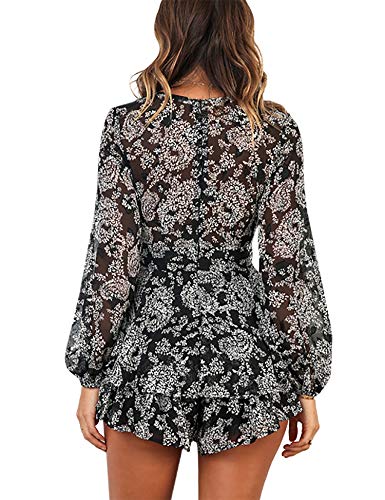 Aimcoo Women's Floral Print Deep V-Neck Romper Double Layer Ruffle Hem Jumpsuits Long Baggy Sleeves Waist Tie Short Rompers #TOP5