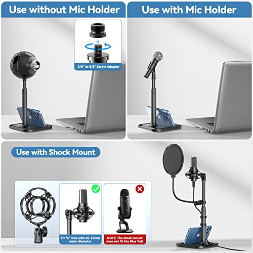 Desktop Microphone Stand With Phone Holder, 2 In 1 Adjustable Mic Stand Desk With Pop Filter, Shock Mount, Microphone Clip, 3/8" To 5/8" Metal Screw Adapter For Blue Yeti Snowball Ice And Other Mics #TOP2