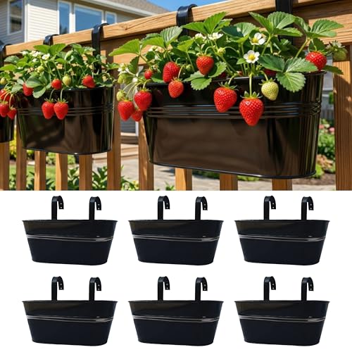 LaLaGreen Outdoor Plants Rail Planter Plants (6 Pack 11.2 Inch) Black Metal Iron Hanging Flower Pots Deck Railings Fence Buckets Modern Style Wall Mount Window Box Plant Holder with Hooks Porch Decor