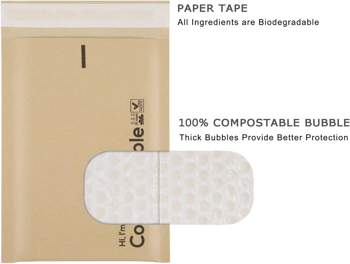 KTOB 6x10 100% Biodegradable Bubble Mailers,25 Count Kraft Brown #0 Compostable Padded Packaging Wrap Envelopes Pouches Eco Friendly Self Seal Bags