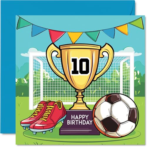 Stuff4 10th Birthday Card Boy - Champions Winners Trophy - Football Birthday Card for 10 Year Old Boy, Age 10 Boys Cards, 5.7 Inch Footy Greeting