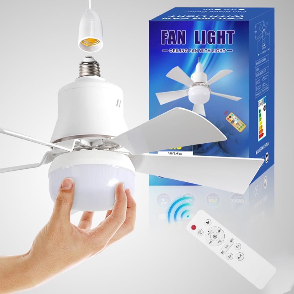 Azazaza Ceiling Fans with Lights, E27 30W Ceiling Fan with Remote Timing, 3 Speeds Dimmable 3 Colors (3000-6500K) LED Ceiling Light, Modern Fan Lamp for Bedroom (White, Without Extender)