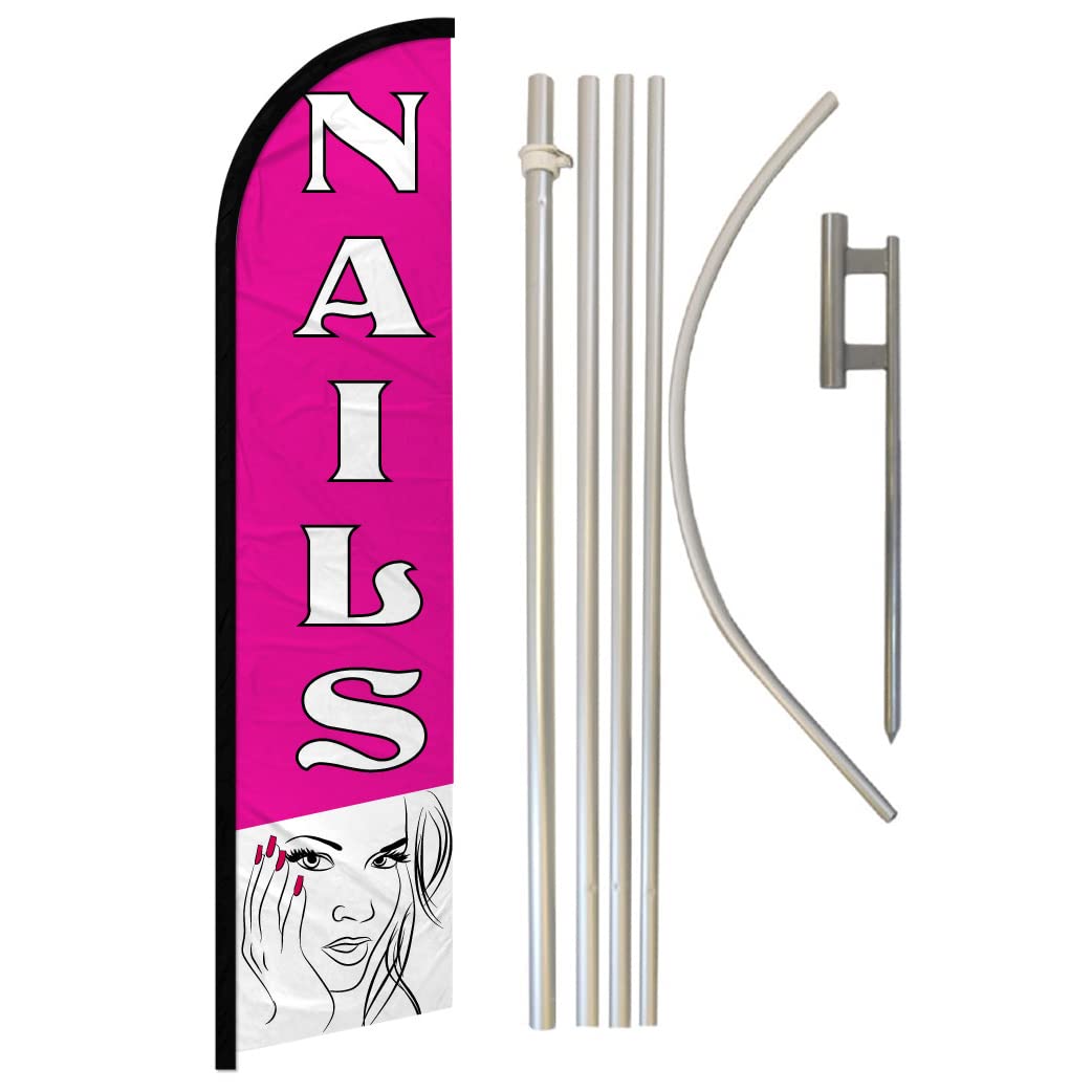 Nails Windless Banner Advertising Flag & Pole Kit - Perfect for Nail Salons, Beauty Shops