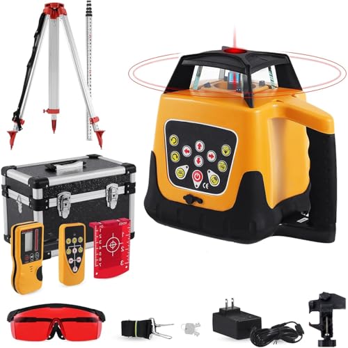 Kit de nivel giratorio de 360° con rango de 500 m autonivelante para construcción al aire libre, incluye trípode de topografía y personal de 5 m