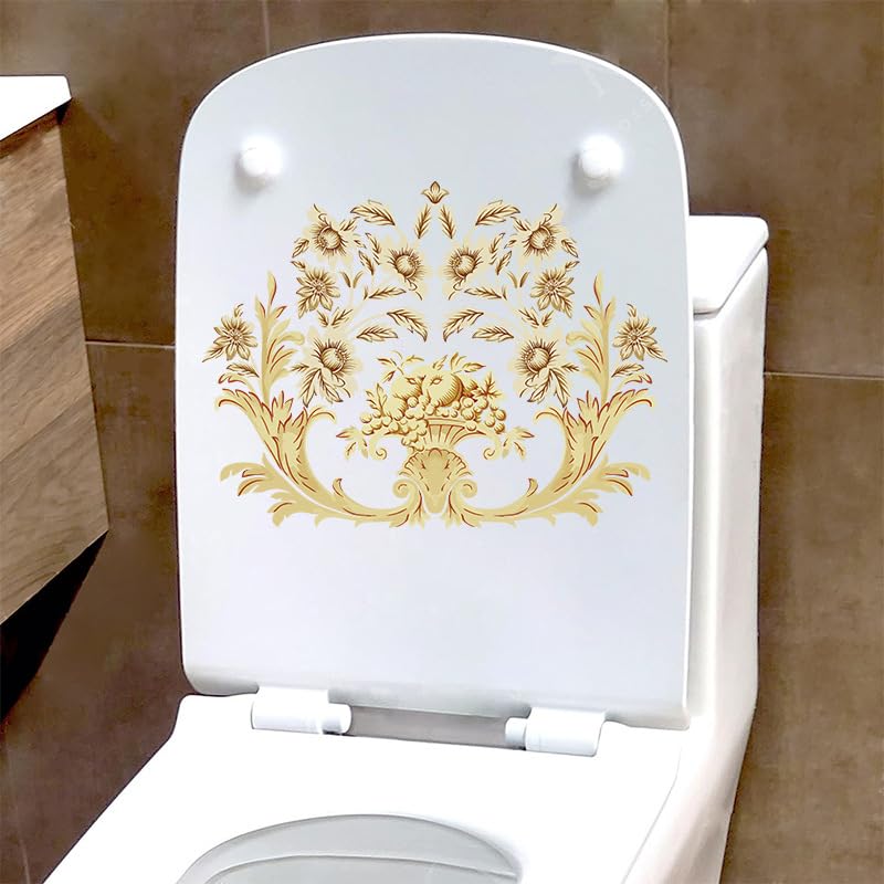 Retro Creativity Flower Toilet Cover Sticker Decals,Pretty Gold Flourish Waterproof Toilet Lid Tank Seat Decals Cistern Self-Adhesive Bathroom Wall Sticker
