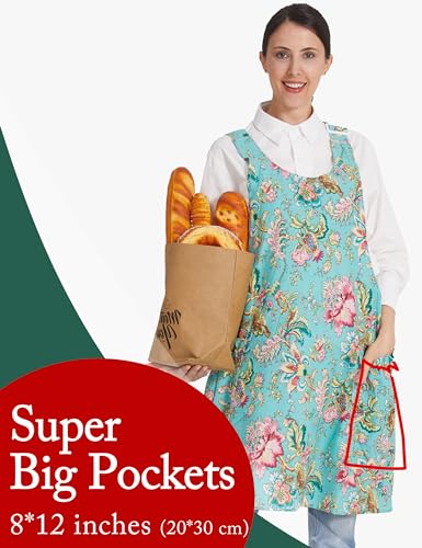 Image of Cozy Adjustable Cross Back Aprons for Women with Pockets Cotton Linen Cooking Kitchen Baking