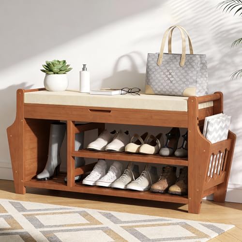oakvivo 39.4in Shoe Bench with 2 Side Holder, 3 Tier Bamboo Entryway Bench with Storage, Shoe Rack Bench Organizer with Cushion for Entryway Hallway Living Room, Holds up to 330lbs