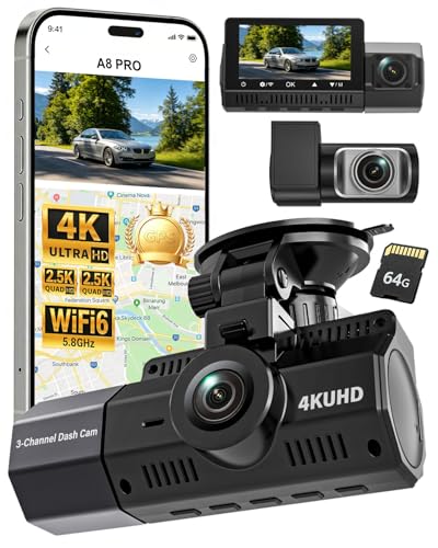 Image of 3 Channel Dash Cam Front and Rear Inside for Rideshare & Taxi | STARVIS 2 night vision, WiFi 6 app access, GPS and 64GB card for rideshare, taxi, commuting and family vehicles