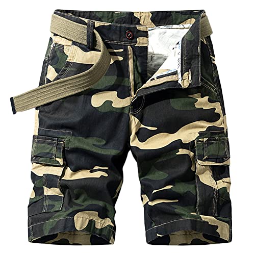 Men Camo Lightweight Cargo Shorts Multi Pocket Summer Camouflage Shorts Loose Fit Outdoor Short Pants No Belt (Khaki,28)