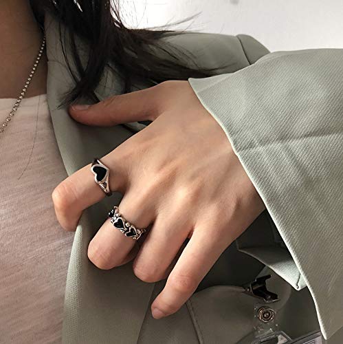 Gothic Vintage Ring Set Y2K Black Heart Stackable Retro Punk Open Knuckle Finger Ring For Women Girls #TOP3