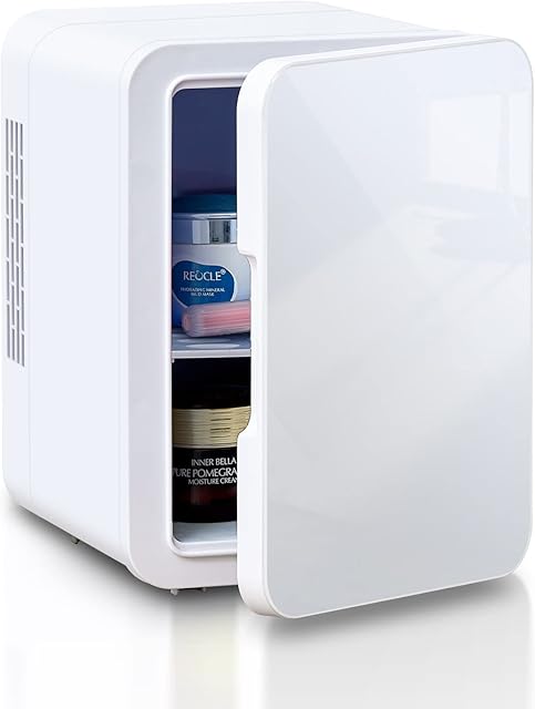TUKAILAi Mini Fridge 4L Portable Compact Fridge with Glass Panel Door, AC/DC Power Quiet Cooler & Warmer for Skincare Food Drinks, Small Fridges Low Noise Quite for Bedroom Car Office Travel, White