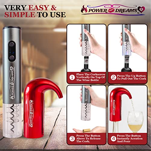 Power Dreams - Wine Gift Set & Best Wine Bar Kit (*5 In 1)-Wine Aerator Decanter Dispenser Pourer, Electric Bottle Opener Corkscrew, Bottle Stoppers X2, Foil Cutter, *Christmas Holiday+Birthday Gifts #TOP2