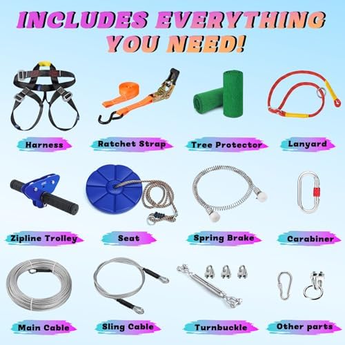 Zipline for Kids and Adult, Zip line Kits for Backyard with Stainless Steel Spring Brake, Cable Tensioning Kit, Safety Harness, 2 Tree Protectors and Full Set of Zip line Accessories, 1/4 inch Cable - 1