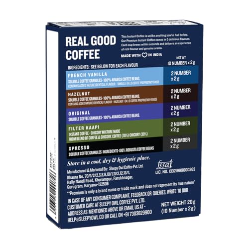 Image of Sleepy Owl Pack of 30 Premium Instant Coffee Sachets | 2g Each - Flavoured Coffee Pouch | 5 Delicious Flavours - Original /Hazelnut /French Vanilla /Filter Coffee /Xpresso | Travel Pack - Easy to Use & Carry | Makes 10 Cups