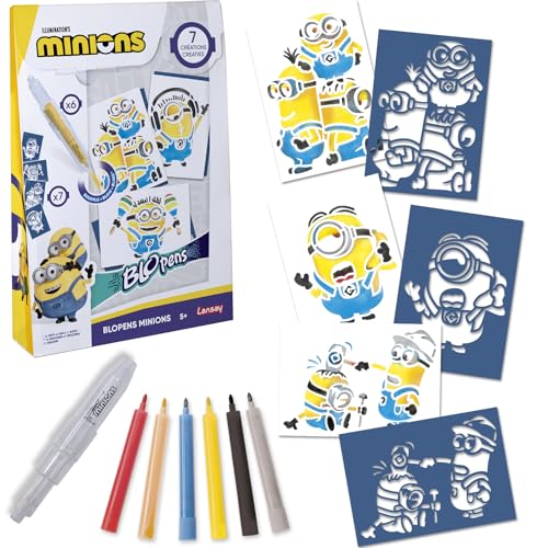 Lansay – BLOPENS – Minions – Feutres à souffler dès 5 Ans – Kit Coffret créatif Dessin et coloriage Enfant sous Licence Officielle avec 7 pochoirs...