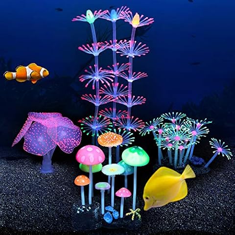 Filhome Glowing Fish Tank Decorations Plants, 4 pcs Glow Aquarium Coral Ornament Decorations Glowing Mushroom Coral Plant Lotus Kelp and Anemone Cover