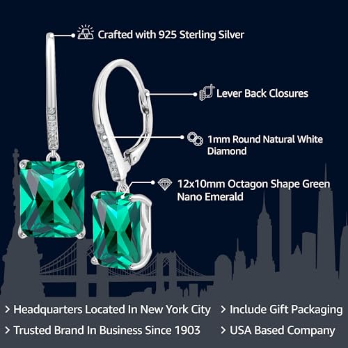 Gem Stone King 11-15 Cttw Leverback Drop Dangle Earrings for Women | 925 Sterling Silver | Gemstone Birthstone and White Diamond | Emerald Cut 12X10MM | Fine Jewelry Gifts for Her Mom Women Wife2