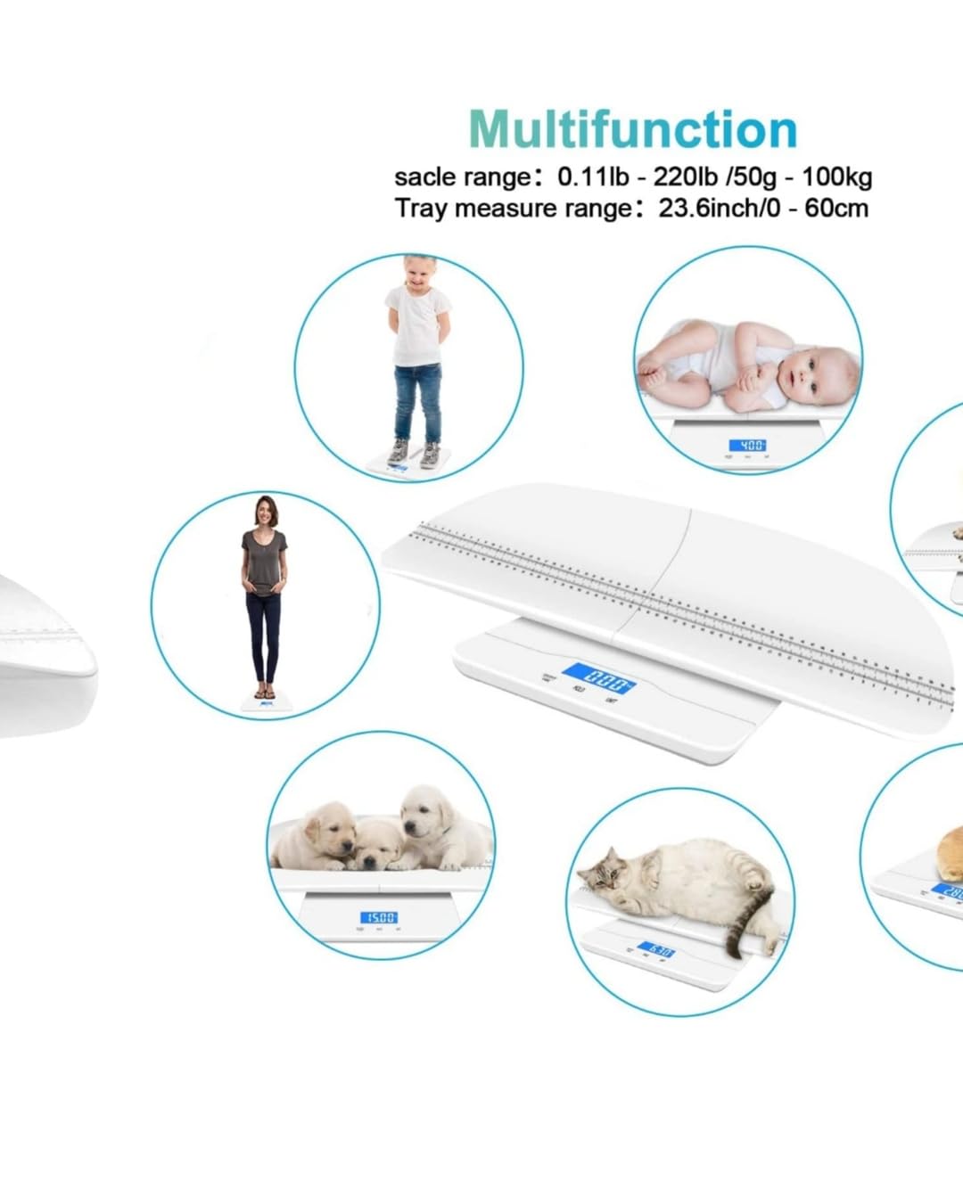 Digital Baby Scale with Hold Function, Pet Scale, Muti-Function Toddler Scale,Infant Scale Measure Adult/Puppy/Cat/Dog Weight (lb/kg/oz) and Height Track, LCD Display