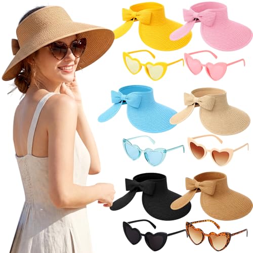 Funnysoft 12 pcs Sun Hats and Heart Sunglasses Sets Wide Brim Beach Hat Summer UV Packable Foldable Visors for Women, Girls Multicolor