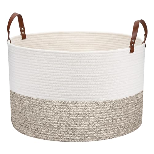 Image of Extra Large Laundry Basket 20 inchx 20 inch x 13 inch Living Room Woven Storage Kids, Cotton Rope Basket with Leather Handle for Blanket Toys Pillow Organization, Kids Nursery Gift, White & Brown