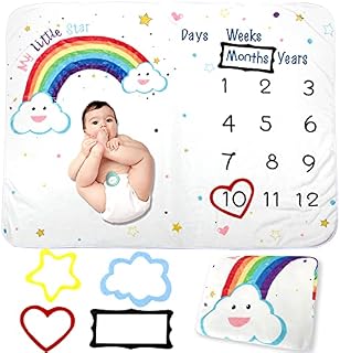 Baby Monthly Milestone Blanket for Boys Girls, Soft Fleece Thick Blanket Rainbow clouds stars Printed for Newborn, Baby Milestone Blanke,with 4 Felt Photo Frames Track Age Growth(130x100cm)