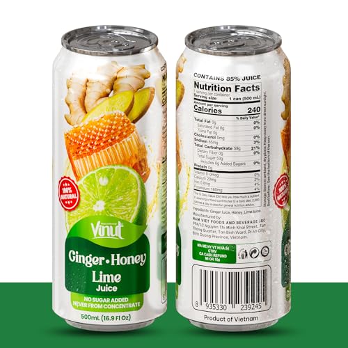 Image of VINUT Ginger, Honey & Lime Juice, 85% Juice, No Added Sugar, Not From Concentrate, 16.9 fl oz (500 mL) Can, Pack of 24