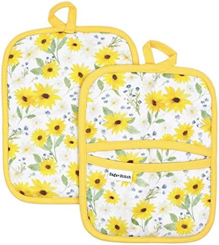 Sage+Stitch Heat Resistant Designer Pot Holders with Hand Pockets and Hanging Loops | Set of 2 100% Cotton Dual Function Kitchen Pot Holders and Trivets | 7'' x 9'' | Sun Flowers