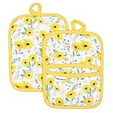 Sage+Stitch Heat Resistant Designer Pot Holders with Hand Pockets and Hanging Loops | Set of 2 100% Cotton Dual Function Kitchen Pot Holders | 7'' x 9'' | Sun Flowers