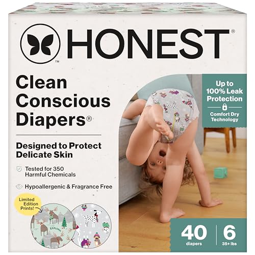 Image of The Honest Company Clean Conscious Diapers for Delicate Skin | Up to 100% Leakproof | Hypoallergenic, Fragrance Free | Winter '25 Limited Edition Prints | Club Box, Size 6 (35+ lbs), 40 Count