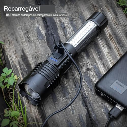 Lanterna Tática Recarregável LED Ultra Potente de Longo Alcance Com Ajuste de Zoom Carregador USB-C