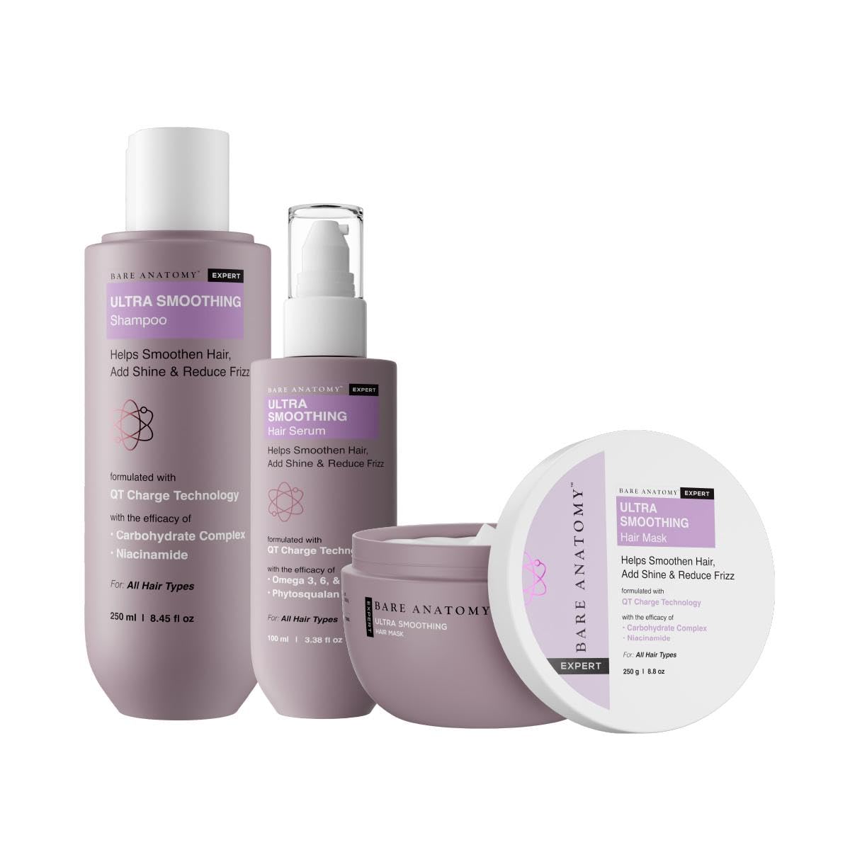 Bare Anatomy Ultra Smoothing Shampoo + Hair Mask + Serum Kit | Carbohydrate Complex & Niacinamide | Dry & Frizzy Hair | Paraben & Sulphate Free | Women & Men | 250ml + 250g + 50ml