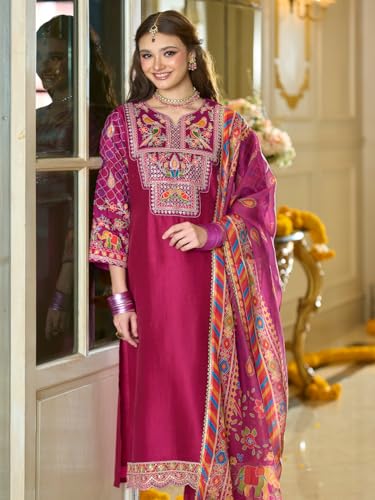 Image of INDO ERA Women's Silk Blend Ethnic Motifs Embroidered Straight Kurta & Pant with Dupatta Set (IEOUT12101)