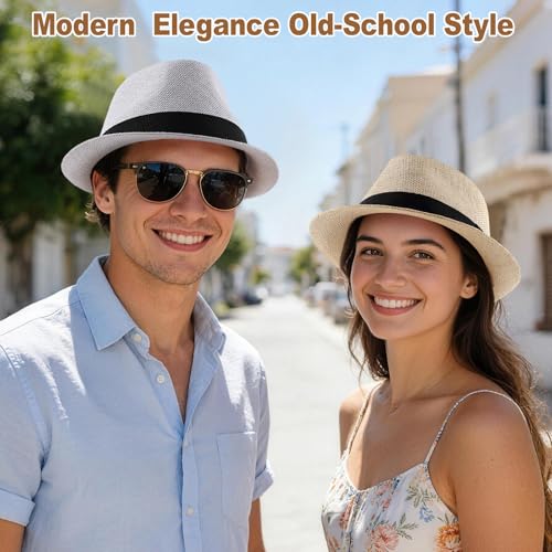 Image of Straw Fedora Hats for Men Women, 1920s Short Brim Trilby Panama Hat Summer Beach Sun Cap