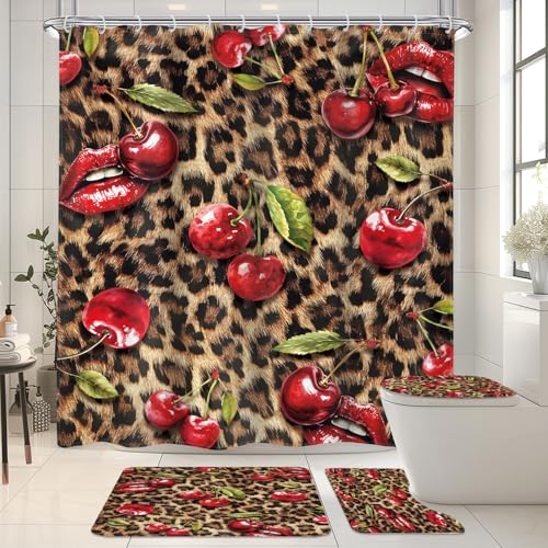 LIGHTINHOME 4 PCS Leopard Print Cherry Shower Curtain Set 72Wx72H Toilet Lid Cover Non-Slip Rugs and U-Shaped Mat Cheetah Lips Bathroom Sets with Rugs Shower Accessories 12 Hooks for Bathroom Decor