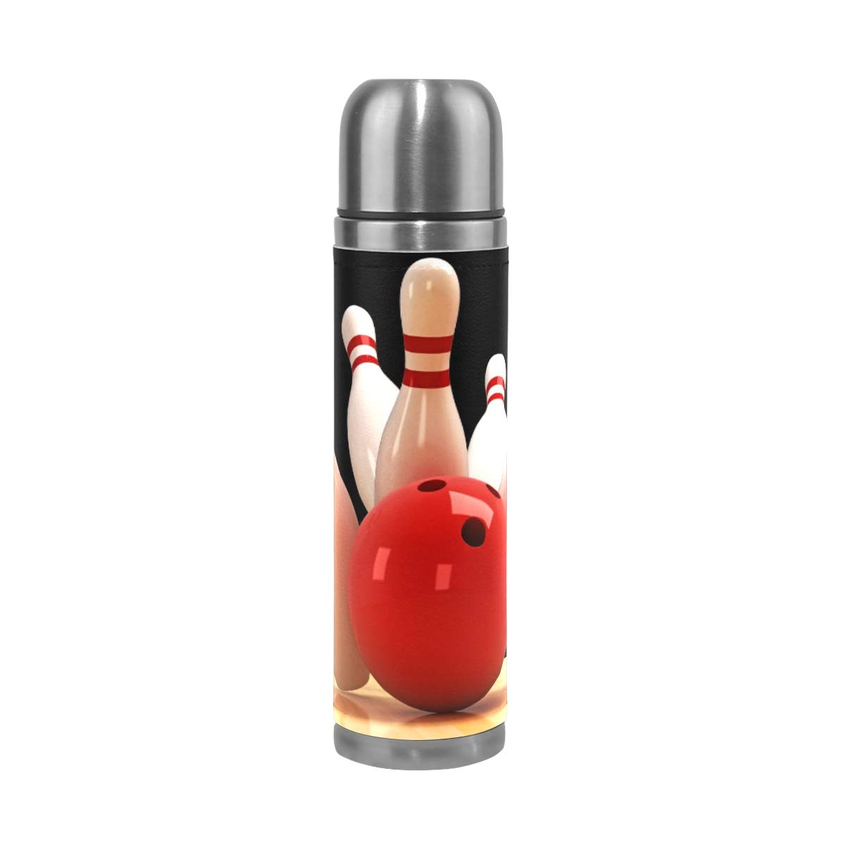 Taza de viaje aislada al vacío de acero inoxidable con doble pared a prueba de fugas, diseño deportivo de bolos, estampado personalizado impreso en piel auténtica, termo termo de 500 ml