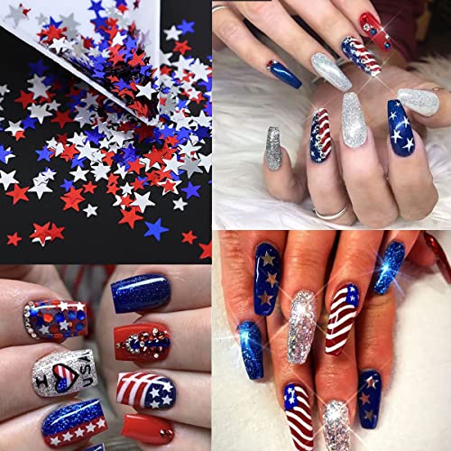 12 Grids 3D Star Nail Glitter Sequins Holographic 4Th Of July Nail Art Stickers Decals Red Blue Sliver Gold Star Nail Art Glitter Flakes Patriotic Nail Designs Star Glitter For Nail Art Decoration #TOP2