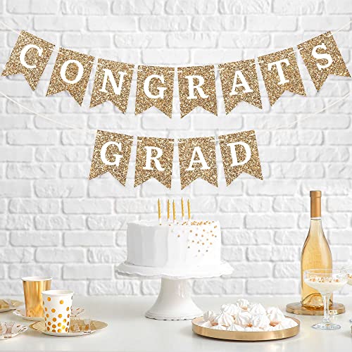 Image of Pre-Strung Congrats Grad Banner - Gold Glitter Graduation Party Banner | No DIY - Pre-Strung on 6 ft strands - Gold Congrats Grad Graduation Party Decorations - Class of 2026 High School or College