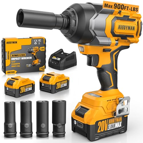 Cordless Impact Wrench 900Ft-lbs (1200N.m) 1/2 Brushless Impact Gun 20V High Torque Power Impact Driver 2x4.0Ah Batteries Brushless Motor 2400 RPM Variable Speeds for Family Car/Pickup Truck/Mower